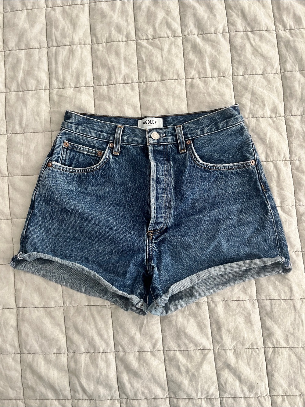 AGOLDE Dee High Rise Rolled Hem Denim Shorts Dark Wash Size 28